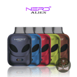 Assortment of Nerd Alien 12000 Puffs disposable vape devices with digital puff counters, available in multiple colors