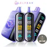 ElfBar Raya D3 25000 Puffs disposable vape in purple with digital display, showing flame icon and battery level. Vape Dubai branding logo in the corner
