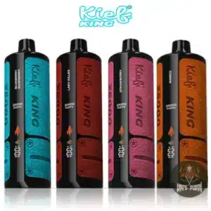 Four KIEF King 35000 Puffs Disposable Vapes in bold colors—blue, red, pink, and orange—featuring 3MG nicotine, Type-C charging, and 35,000 puff capacity.